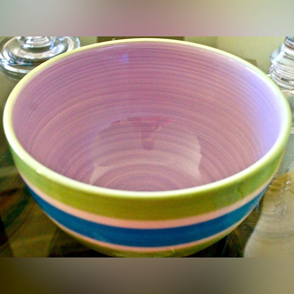 COVENTRY DOTS & STRIPES NESTLING BOWL 8 IN GREEN BLUE STRIPES PURPLE INNER NEW - Picture 2 of 4